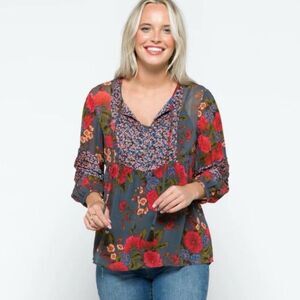 Daniel Rainn Floral Boho Peasant Blouse Gray Red Tassel Tie Semi Sheer Large